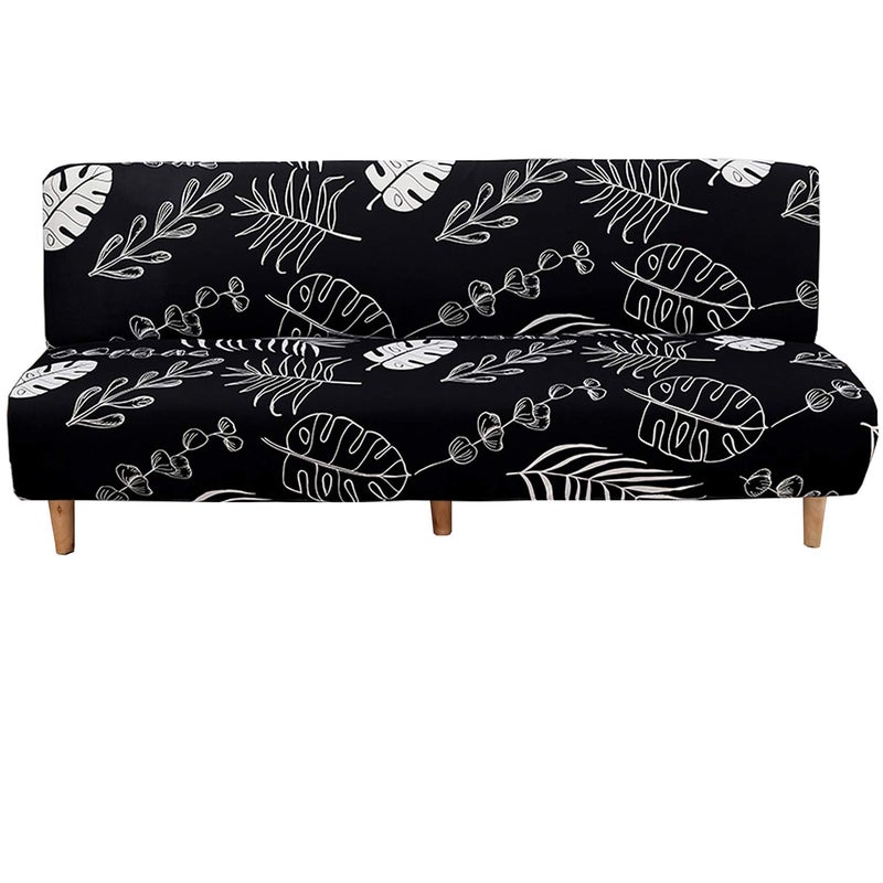 WOMACO Printed Futon Cover Stretch Sofa Bed Slipcovers Full Twin Queen Size Armless Couch Loveseat Protector Covers with Elastic Bottom for Living Room Bedroom Furniture (Black Leaves, 63"-75") - Image 1